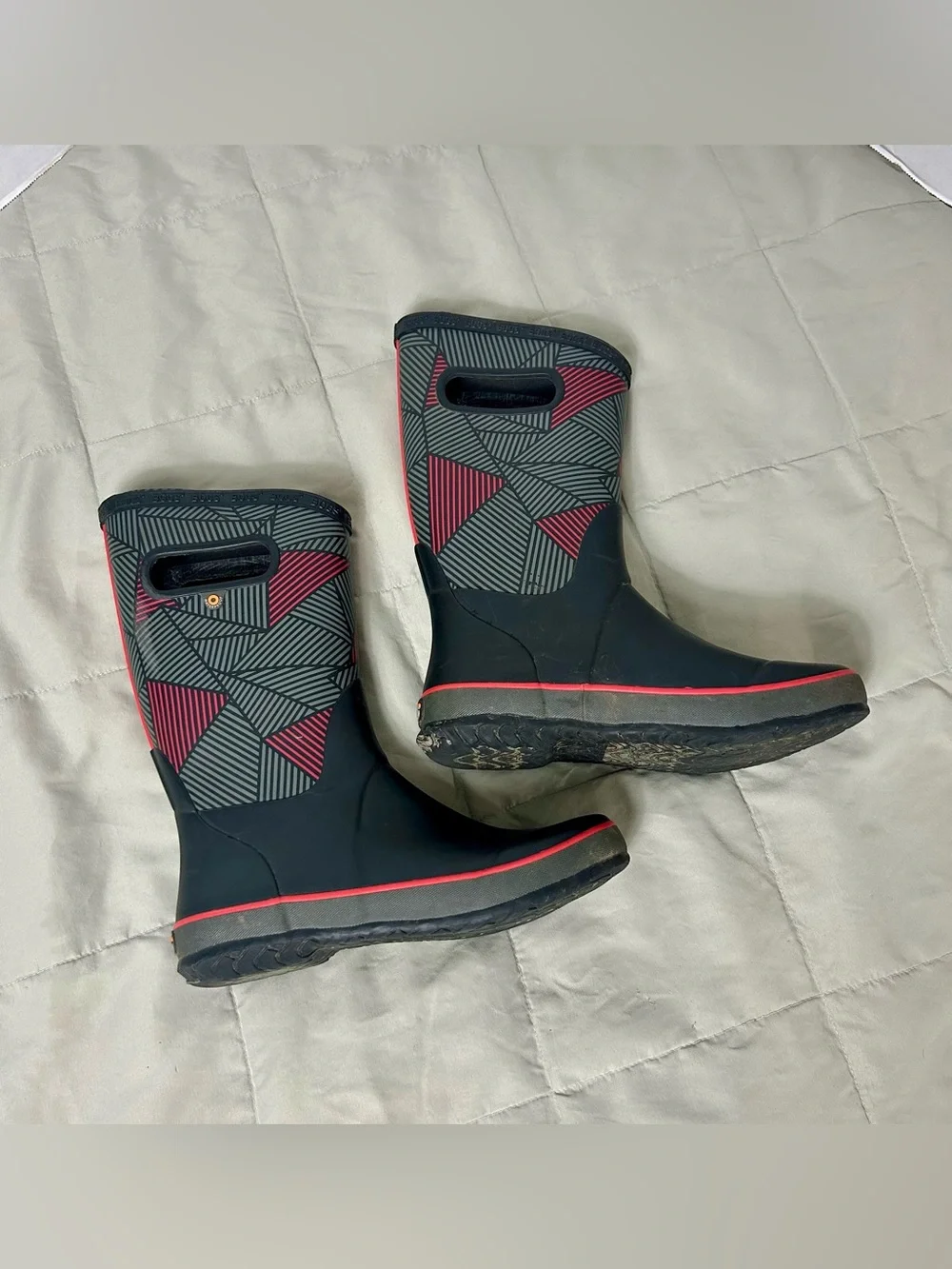 Bogs Kids Black and Red Geometric Rain Boots, Waterproof, Youth Size 5